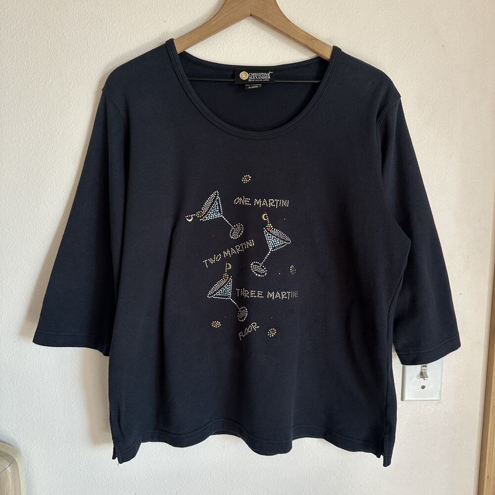 Vintage 90s Rhinestone Martinis Christine Alexander Top XL Swarovski Funny